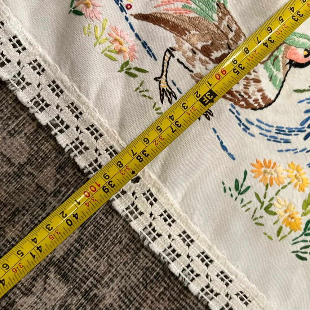 39 x 17 inch table runner Vintage hand-embroidered pheasants crochet trim